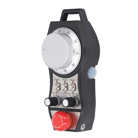 Next Level CNC Handwheel Controller Goes Wireless With Super Smooth 6-Axis Ergonomic Design And Massive 60m Range For Serious Shop Grinds. Wireless CNC handwheel controller, ABS body, red emergency stop button.