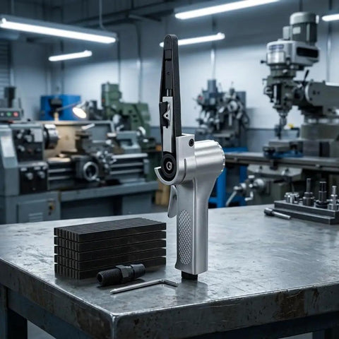 Top Shelf Pneumatic Air Belt Sander With A Ridiculously Fast 10 Mm Track And Hog Wild 16000 Rpm Motor on a workshop table.