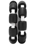 Close-up of four 100mm double aluminum omni wheels with rubber rollers and metal brackets