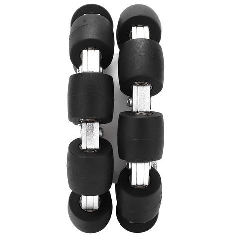 Close-up of four 100mm double aluminum omni wheels with rubber rollers and metal brackets