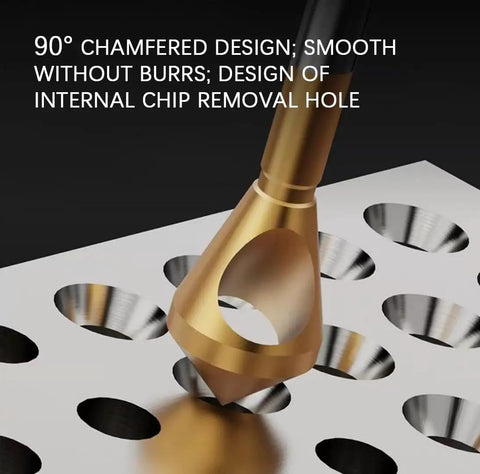 Titanium Coated Countersink Chamfer Deburring Tool Set, 4 Pc High Speed Steel 6542 Bits With Titanium Plating in use on metal sheet