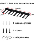 Dimensions and components of Dope Home Gym Storage Rack Wall Mount Kit With Cable Attachments And Lifting Belts Space Saving Wall Organizer.