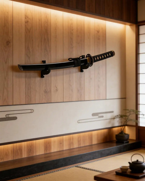Wooden Sword Wall Mount Kit Two Pack For Katana Wakizashi Tanto Swords Display Holder with rustic finish in modern decor