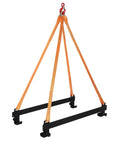 Heavy Duty Watercraft Lift Sling for Material Handling With Thickened Marine-Grade Polyester Strap And Reinforced Steel Bracket features orange straps and a black bracket.