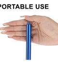 Hand holding a Portable Metal Toothpick Holder Case With Keychain Waterproof Aluminum Alloy Grab And Go Travel Box, blue color.