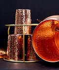 Hammered Copper Water Dispenser Pot 10 Liter with Brass Stand Tap and Knob Includes 4 Copper Tumblers