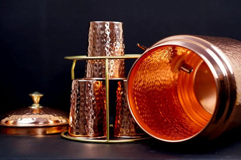 Hammered Copper Water Dispenser Pot 10 Liter with Brass Stand Tap and Knob Includes 4 Copper Tumblers
