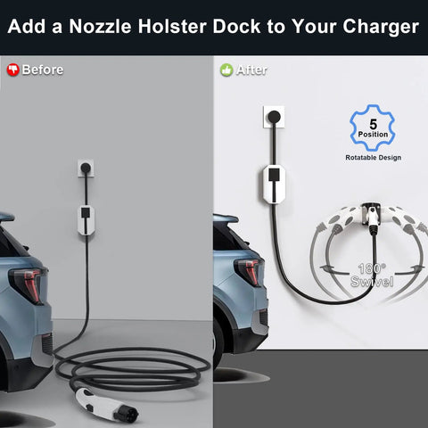Badass Wall Mount J1772 EV Charger Holder Boasts A Slick Swivel To Clear Floor Space In Tight Garages Locks Type 1 Sae Plugs Solid For Ford Kia Gm And Other Electric Rides before and after comparison of wall mount.