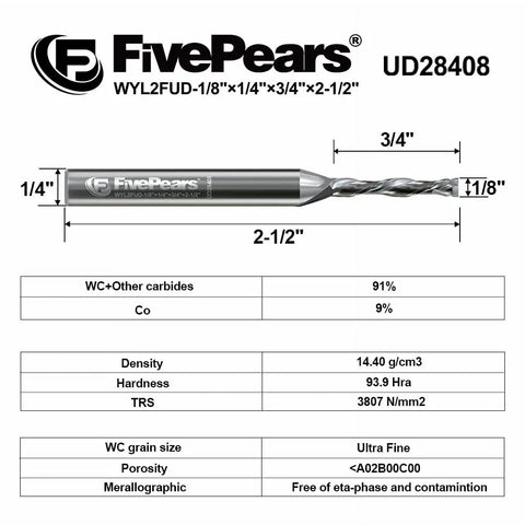 Up And Down Cut Compression Spiral Router Bit For CNC Machines, One Eighth Inch Cutting Diameter, dimensions and specifications