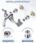 Heavy Duty Eight Inch Center Wall Mount Commercial Sink Faucet installation details showing inlet threads and connections.