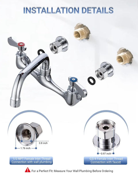 Heavy Duty Eight Inch Center Wall Mount Commercial Sink Faucet installation details showing inlet threads and connections.