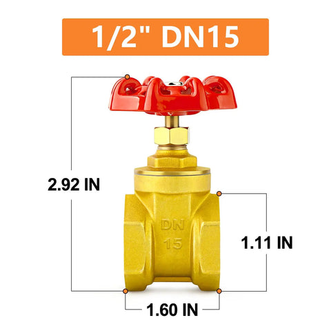 Beefy Brass Gate Valve One Half Inch With Wheel Handle For Water Oil Gas, shown with dimensions and red wheel handle.