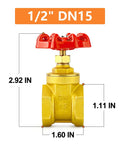1/2 inch DN15 brass gate valve with red wheel handle and dimensions highlighted in inches