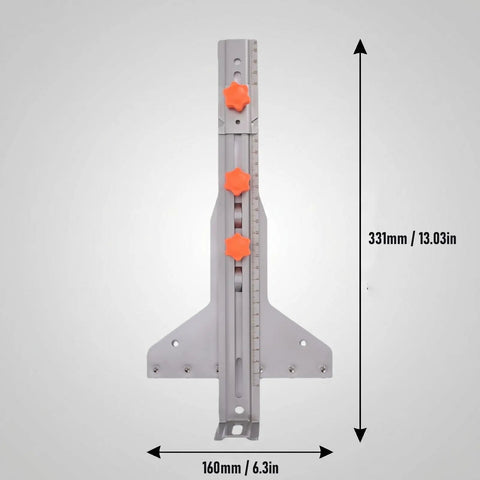 Solid Core Stainless Steel Router Milling Groove Bracket And Knockout Circle Cutting Jig with orange knobs, 331mm by 160mm size.