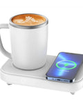 Premium 3in1 Temperature Control Mug With Built In 15W Fast Wireless Charging Pad on a charging station next to a smartphone.