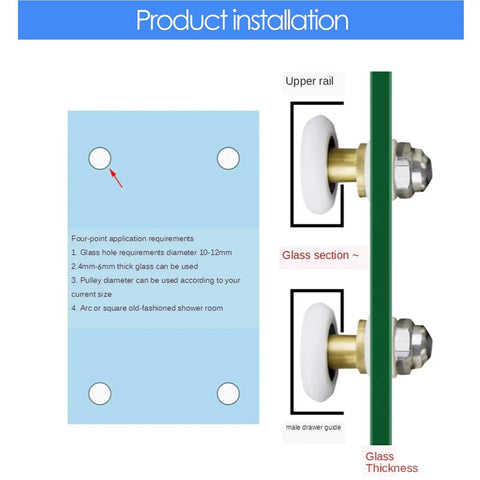Product installation guide for Score These Bad Boy Shower Door Rollers Replacement Kit, showing rail and pulley details.