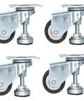 Heavy Duty Leveling Caster Wheels Featuring Two Inch Polyurethane Swivel Rollers And Quick Adjust Feet for shop tables and gear, four pack.