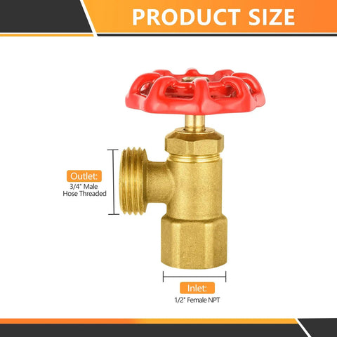 2-Pack Brass Boiler Drain Valves, Three-Quarter Inch FIP Inlet and Three-Quarter Inch MHT Outlet showing product size and red handle