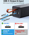 Close-up of Massive 80000mAh Portable Charger Power Bank With 30W PD USB C Fast Charging showing inputs and outputs for devices