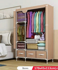 Heavy Duty Freestanding Wardrobe Closet With Steel Hanging Rod And Open Shelves For Bedroom Storage Game Changer cream design with hanging clothes and shelves.