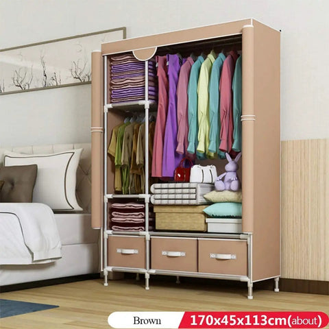 Heavy Duty Freestanding Wardrobe Closet With Steel Hanging Rod And Open Shelves For Bedroom Storage Game Changer cream design with hanging clothes and shelves.