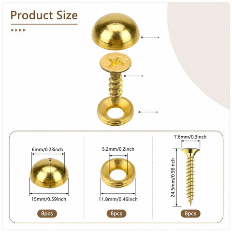 Hella Durable Gold Brass Decorative Screws With Rust Resistant Caps For Super Easy Furniture Upholstery And Mirror Mounting size guide with measurements.