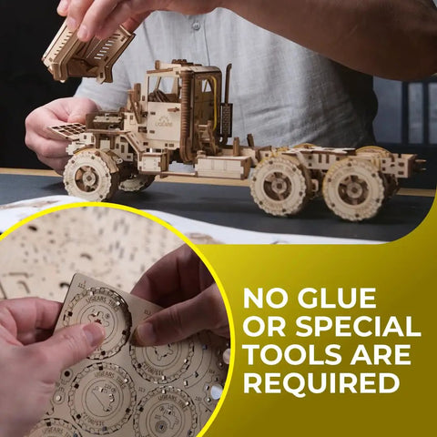 Cargo Truck 3D Puzzle Kit For Adults With Spring Powered Mechanics, Realistic Wooden Model Truck Build Featuring Three Axles And Differentials, Brain Teaser Hobby Set For Makers And Auto Enthusiasts; wooden truck assembly with no glue