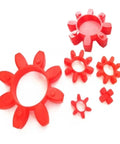 Red polyurethane Jaw Coupling Elastomer Urethane Buffer 65x30x15mm Kit for Molds and Machinery, shown in various sizes, smooth finish