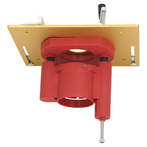 Heavy Duty Aluminum Alloy Router Table Insert Plate With Precision Lift Base And Hand Crank Dial For Dead On Woodworking Cuts Built Tough Flip Top Setup For Power Tools, showing red lift mechanism.