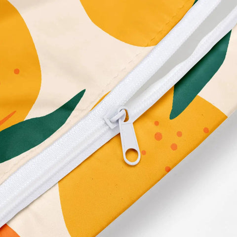 Close-up of zipper and orange strawberry print on Waterproof Wet Bag For Swimsuits And Travel, Large 26x32 Cm With Handle.
