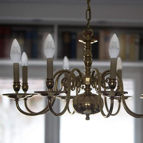 50 Pack LED Candelabra Bulbs Warm White, Energy Star Rated, Contractor Ready Quick Install in elegant chandelier