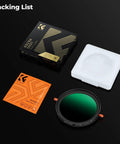 95mm Variable ND And CPL Filter 2 In 1 packaging with optical glass filter, box, and microfiber cloth.