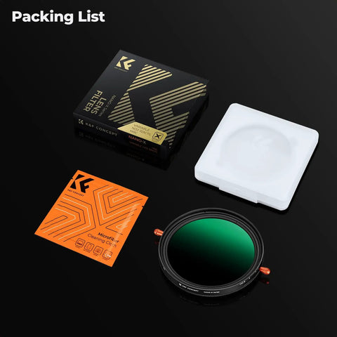 95mm Variable ND And CPL Filter 2 In 1 packaging with optical glass filter, box, and microfiber cloth.
