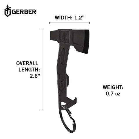 Hatchet Keychain Dope Three In One Multitool For Everyday Carry With Bottle Opener Flathead Driver And Package Opener Clips To Pocket Or Keychain Stainless Steel EDC Gear, dimensions labeled