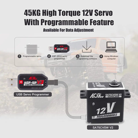 Waterproof 45Kg Beefy Torque RC Servo 12V Programmable Metal Gear Coreless Digital Smart Servo For One Eighth And One Tenth RC Cars