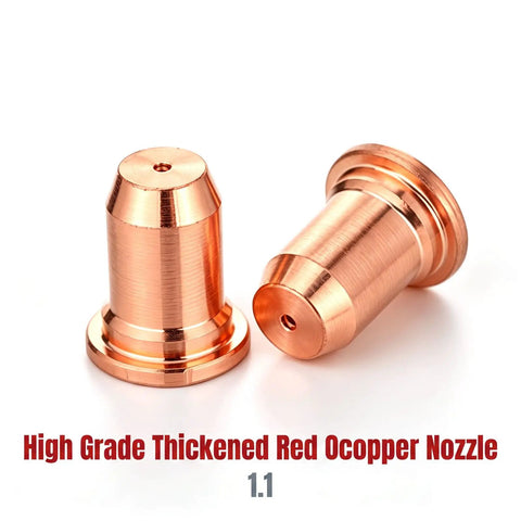 Get A Crazy Good Deal On This 23Pcs Plasma Cutter Torch Consumables Kit With Swirl Ring And Retaining Cup Perfect For Cut55 And Mpcut60 Non-Hf Machines Featuring 1Point1mm Nozzles And Replacement Electrodes, high-grade thickened red copper nozzle detail.