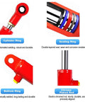 RHKING red hydraulic cylinder with chrome-plated rod and exposed sealing and bottom rings.