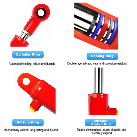 RHKING red hydraulic cylinder with chrome-plated rod and exposed sealing and bottom rings.