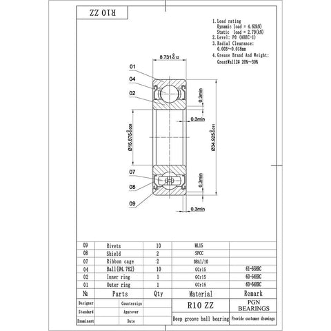 Technical diagram of 10 Pack R10 ZZ Chrome Steel Sealed Ball Bearings Lubricated With Metal Shield showcasing dimensions and specs.