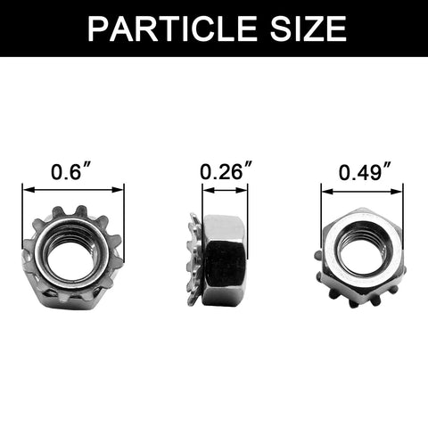 K-Lock Nuts With External Tooth Washer 10-32 Stainless Steel Kep Lock showing dimensions and corrosion-resistant features