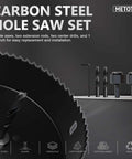 METOTY carbon steel hole saw set with mandrel and accessories; four saws, two extension rods, two center drills, wrench
