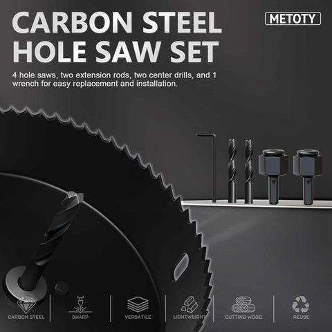 METOTY carbon steel hole saw set with mandrel and accessories; four saws, two extension rods, two center drills, wrench