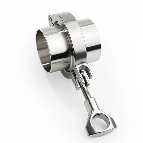 Stainless steel 2'' tri-clamp with wing-nut lever clamp and ferrule, side view