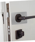 Stainless Steel Door Reinforcement Plate Set 6 Pieces No Drilling Deadbolt Cover And Repair Panel For Apartment Doors Keepin It Secure Rustproof Easy Install Durable installed on a white door with a black handle.
