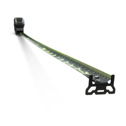 Auto Lock Tape Measure With 25 Foot Reach, Thick Diamond Coated Blade, showing extended blade with measurement markings.