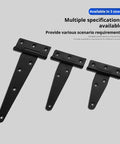 Three black heavy duty iron T type hinges of different sizes, 4 inch four pack built to last for wooden crates and more, sturdy 1.2mm thick hardware