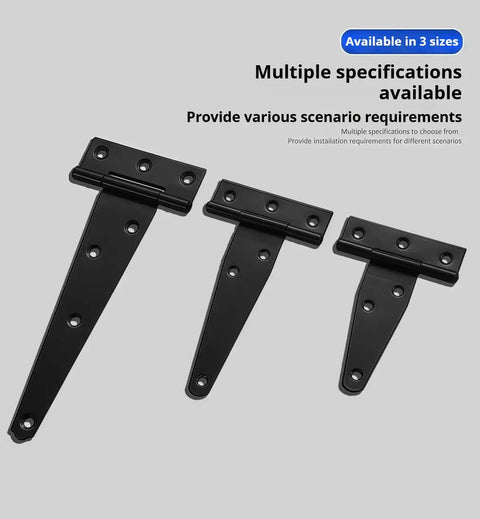 Three black heavy duty iron T type hinges of different sizes, 4 inch four pack built to last for wooden crates and more, sturdy 1.2mm thick hardware