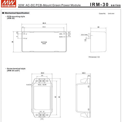 Technical diagram of Beefy 30W AC-DC Power Module With 5V Output For PCB Mount Or Screw Terminal 5V 6A IRM-30-5ST