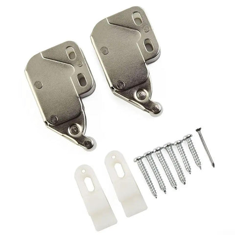 Metal two-piece Push To Open Cabinet Latch With Automatic Spring Action High Cycle ABS Door Catch, screws, and plastic components.