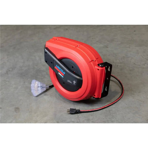Lincoln Workhorse Heavy Duty 60 Foot Tri Tap Electric Power Cord Reel With 12 3 SJTOW, grease oil weather resistant, red black